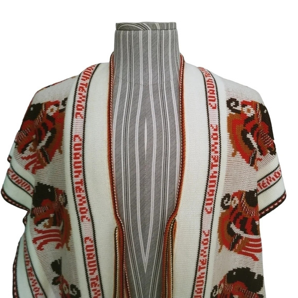 Vintage Intarsia Knit Cuauhtemoc Aztec  Fringed Poncho Beige/Orange/Brown - Picture 5 of 9